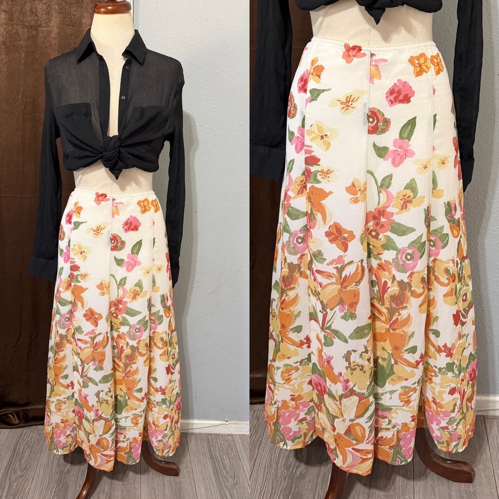 Cottagecore Floral Maxi Skirt Size 18 38W White Orange High Waist Lined A-Line - Picture 2 of 12